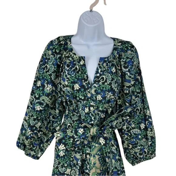 Tuckernuck NEW Batik Floral Lyles Green Blue Puff Sleeve Belted Midi Dress M - Picture 5 of 9